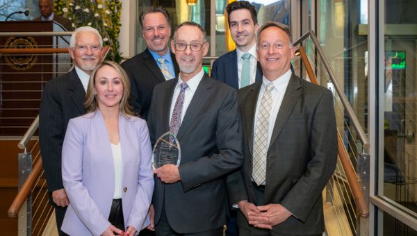 West Chester University President Christopher M. Fiorentino (center, front row) receives Lifetime Achievement Award. Pictured (l to r, front row) are Kattie Walker, president, Greater West Chester Chamber of Commerce; President Fiorentino; Joel Frank, board member, Chester County Chamber of Business & Industry; (l to r, back row) Steve Aichele, board member, Chester County Chamber of Business & Industry; Matt Tucker, board member, Greater West Chester Chamber of Commerce; John O’Brian, executive director, West Chester Improvement District