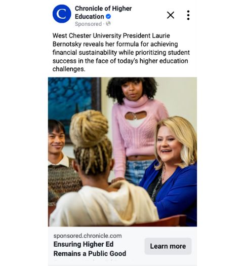 Screenshot of West Chester University's campaign with he Chronicle of Higher Education 