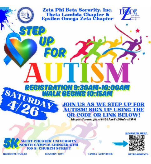 Zeta Phi Beta Sorority, Incorporated’s Theta Lambda undergraduate chapter and Epsilon Omega Zeta graduate chapter will host their first-ever “Step Up for Autism” awareness walk at West Chester University.