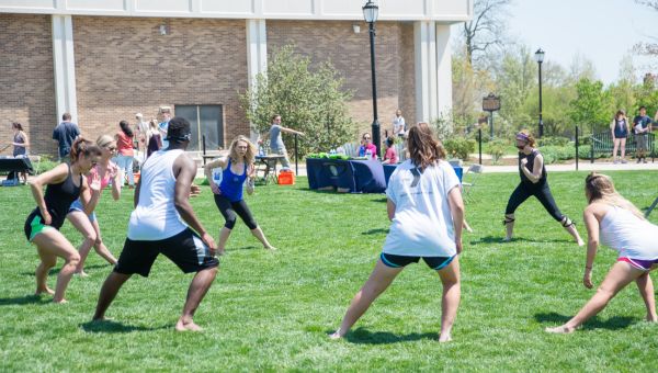 Students exercising in the Quad