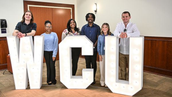 Students who spoke at the center’s spring employer appreciation breakfast: (L-R) Kevin Robertson ’25, Aaliyah Wood ’25, Kyanna Randolph ’25, Eric Budu, Kristen Miller ’25, Chase Zemitis.