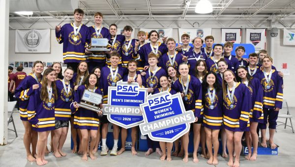 A photo of West Chester University’s Swimming and Diving men's and women's teams posing after winning many titles at the 2026 Pennsylvania State Athletic Conference (PSAC) Swimming Championships A photo of West Chester University’s Swimming and Diving men's and women's teams posing after winning many titles at the 2026 Pennsylvania State Athletic Conference (PSAC) Swimming Championships