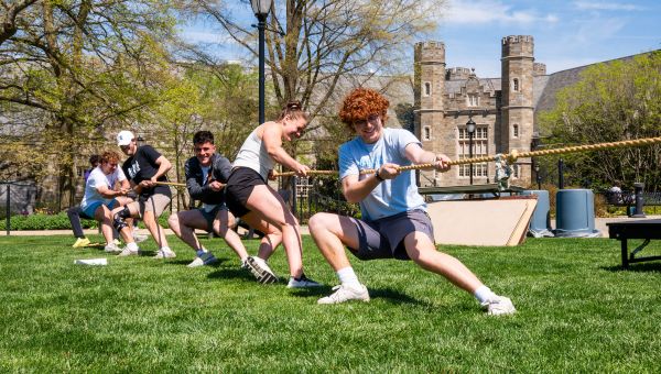 Students on the quad playing tug of war