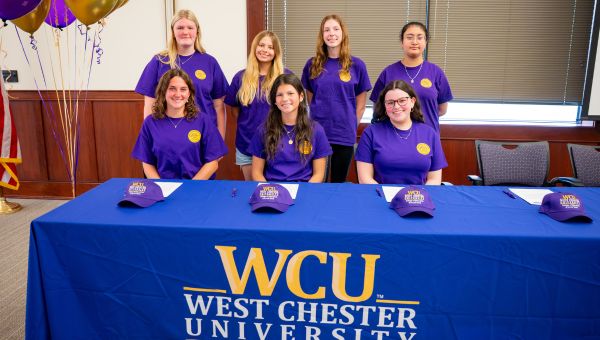 WCU’s 2026 PRIZE students were honored at the annual signing ceremony: (Front row, L-R) Ava McEvoy, Abigail McCarthy, and Ava Spicer, all from Colonial School District. (Back row, L-R) Kiersten Keyes, Avon Grove School District, Gianna Hartnett, Colonial School District, Penelope Rhodes, Kennett Consolidated School District, Azucena Zavala Guerrero, Kennett Consolidated School District.