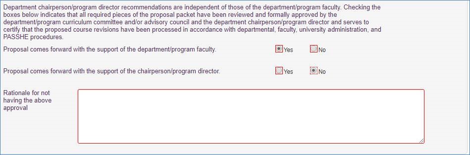 Screenshot of department chair section. Proposal comes forward with the support of the department/program faculty, is answered yes. Proposal comes forward with the support of the chairperson/program director is answered no.