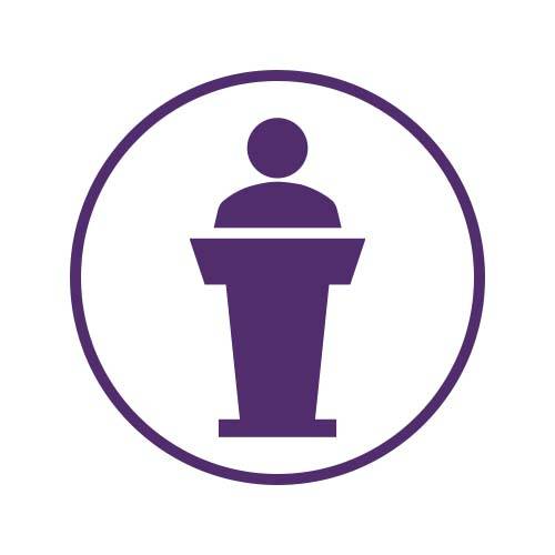 icon of person behind a podium in a purple circle