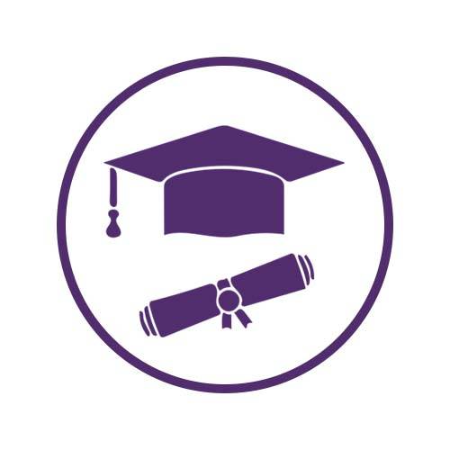 graduate cap and diploma in a purple circle