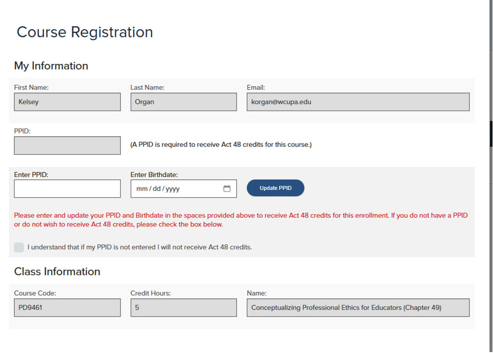 Course Registration Web Screen