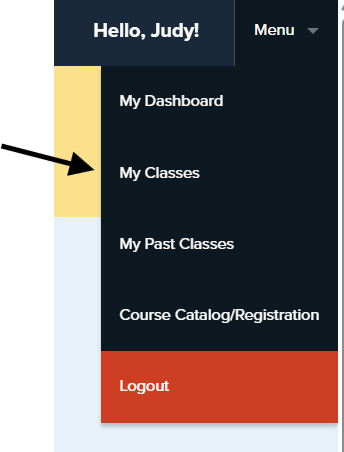 Screenshot of menu dropdown with My Classes highlighted