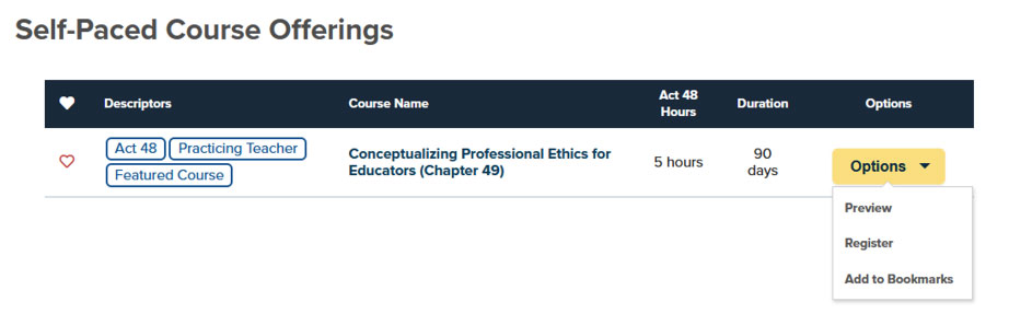 Self Paced Course Offerings Options dropdown