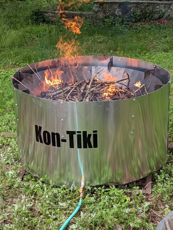 The Kon-Tiki biochar kiln during the end stages of a burn.