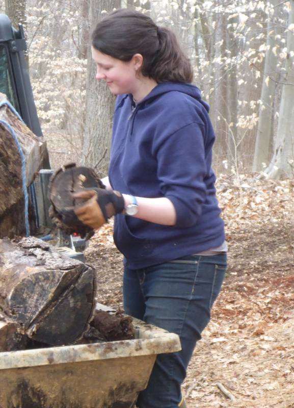 Paige Vermeulen helping relocate log rounds that had been laying alongside the PECO right-of-way