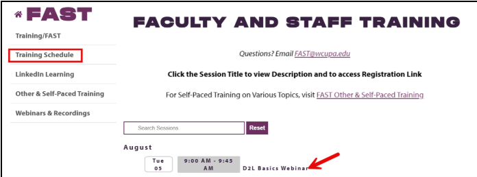 Screen shot of Faculty and Staff training page