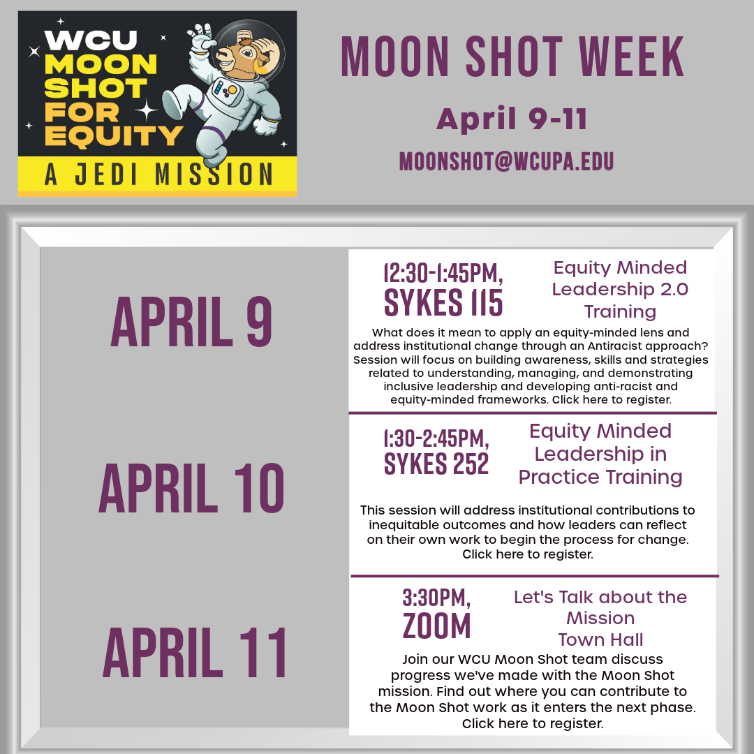   WCU MOON SHOT FOR EQUITY A JEDI MISSION MOON SHOT WEEK April 9-11 MOONSHOT@WCUPA.EDU APRIL 9 APRIL 10 APRIL 11 12:30-1:45PM, SYKES 115 Equity Minded Leadership 2.0 Training What does it mean to apply an equity-minded lens and address institutional change through an Antiracist approach? Session will focus on building awareness, skills and strategies related to understanding, managing, and demonstrating inclusive leadership and developing anti-racist and equity-minded frameworks. Click here to register. 1:30-2:45PM, SYKES 252 Equity Minded Leadership in Practice Training This session will address institutional contributions to inequitable outcomes and how leaders can reflect on their own work to begin the process for change. Click here to register. 3:30PM, ZOOM Let's Talk about the Mission Town Hall Join our WCU Moon Shot team discuss progress we've made with the Moon Shot mission. Find out where you can contribute to the Moon Shot work as it enters the next phase. Click here to register.