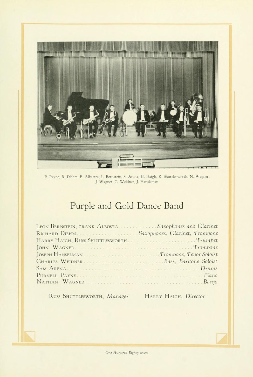   P. Payne, R. Dick, F. Albastra, L Bertem, S. Ara, H. Hagh, R. Shuttleworth, N. Wagner JWagner, C. Weidner, J. Haneman LEON BERNSTEIN, FRANK ALBOSTA... RICHARD DIEHM. HARRY HAIGH, RUSS SHUTTLESWORTH, JOHN WAGNER CHARLES WEIDNER. Purple and Gold Dance Band JOSEPH HANSELMAN. Saxophones and Clarinet Saxophones, Clarinet, Trombone Trumpet Trombone Trombone, Tenor Soloist Bass, Baritone Soloist SAM ARENA Drums PURNELL PAYNE Piano NATHAN WAGNER. Banjo Russ SHUTTLESWORTH, Manager HARRY HAIGH, Director One Hundred Eightyinm