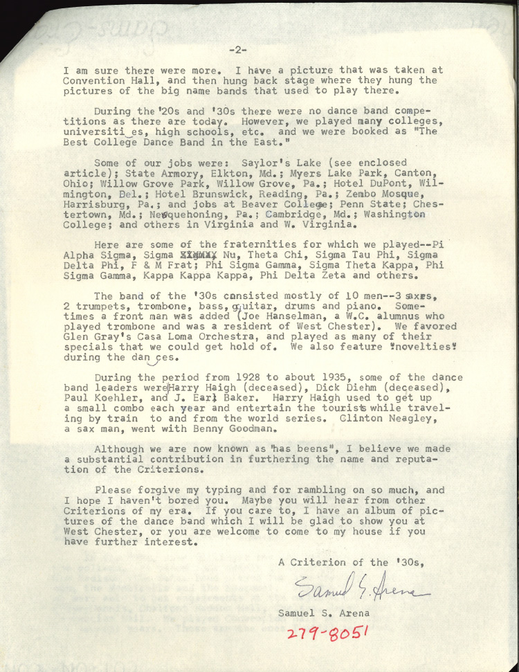 Letter from Samuel Arena ’33 to Lee Southall (1984)