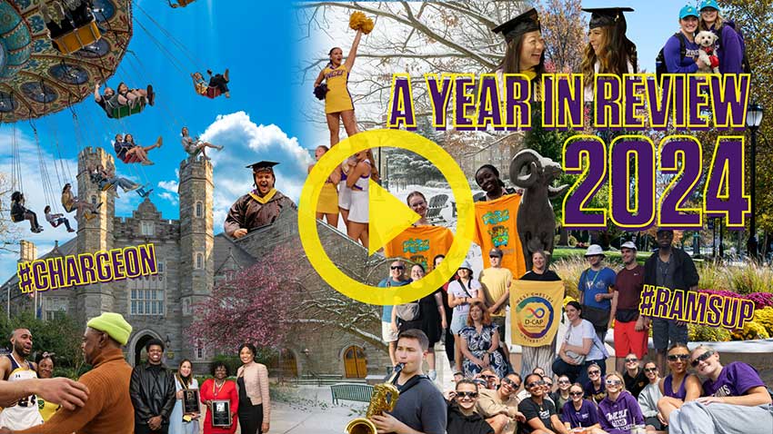 Multiple Students in a Group, and Rammy the Mascot That says 'Dear WCU #Charge ON'