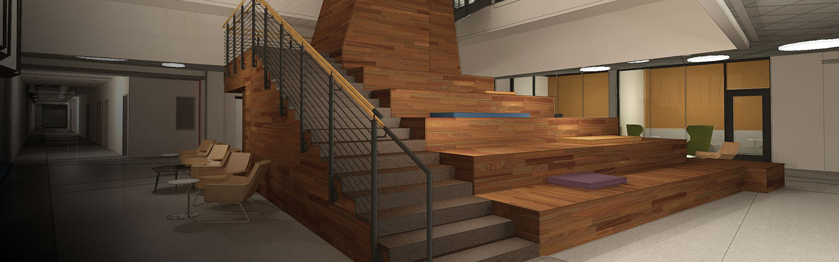 A modern indoor space featuring a staircase with wooden steps that transition into a seating area. The staircase has a black metal railing with a wooden handrail. The floor is made of light-colored tiles, and several lounge chairs are placed nearby. The space is well-lit with overhead circular lights, and large windows provide natural light.