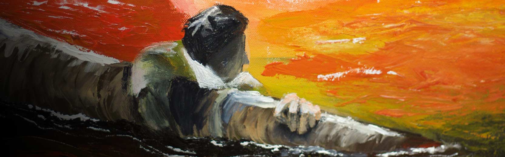 A painting of a person seen from behind, leaning on a railing and looking out over a vivid orange and red sunset sky, with loose brushstrokes and high contrast colors.