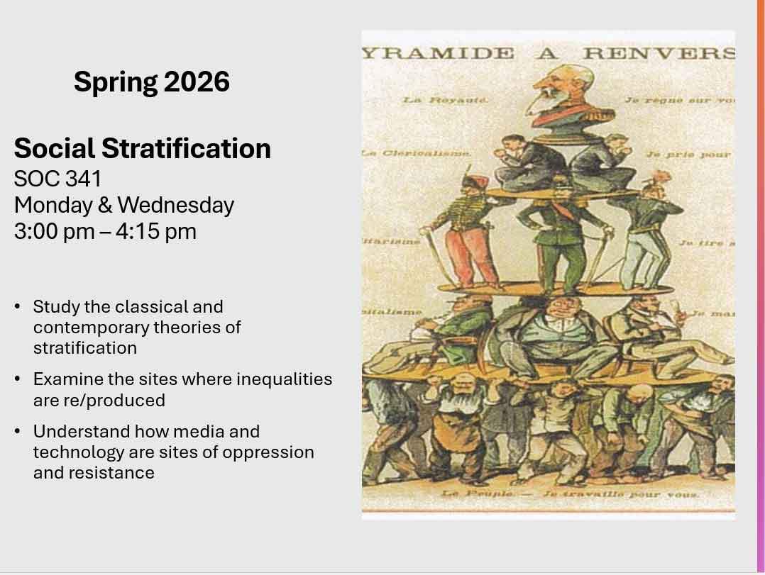             YRAMIDE            A            Spring 2026            Social Stratification            SOC 341            Monday & Wednesday            3:00 pm - 4:15 pm            La Royaute            La Clericalisme.            Harime            RENVERS            Jo regne sur YO            Je prie pour            Ju tire A            Study the classical and contemporary theories of stratification            • Examine the sites where inequalities are re/produced            • Understand how media and            technology are sites of oppression and resistance            Je mar            Le Peuple. Je travaille pour vous.
