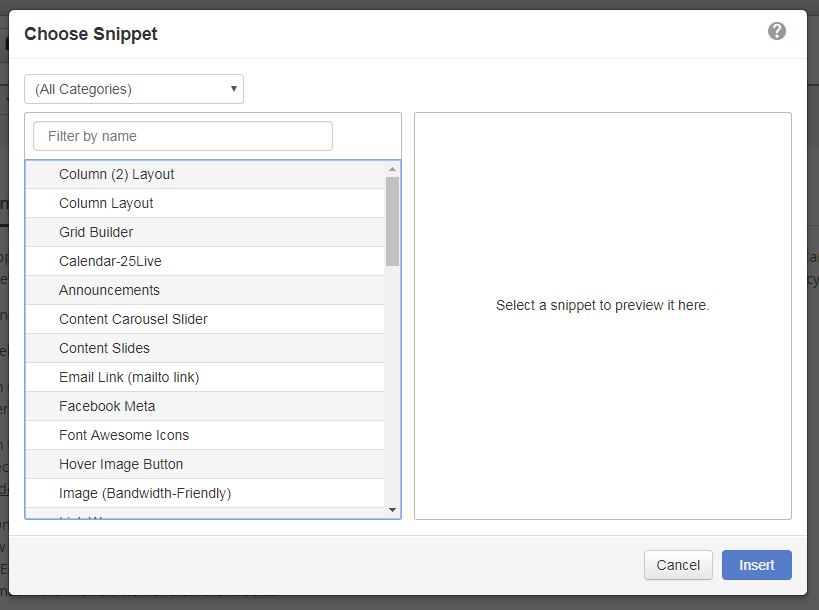 dialog to choose a snippet to insert