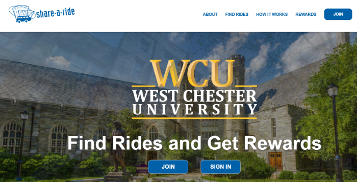 Screenshot of Share-a-Ride WCU homepage