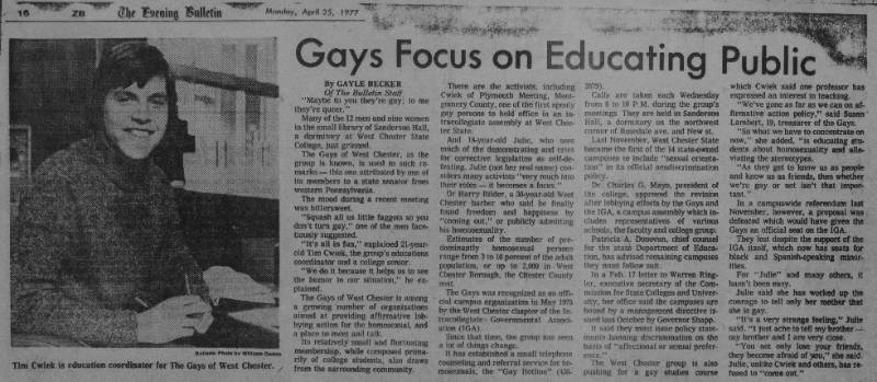 Gays of West Chester Article Apr 25 1977