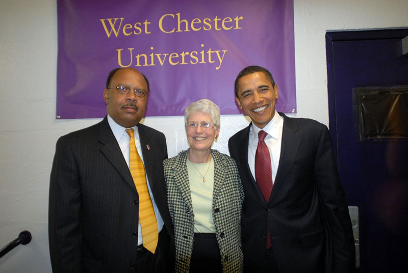 From left, WCU chief of staff Larry Dowdy, Madeleine Wing Adler, and then presidential candidate Barack Obama in 2008